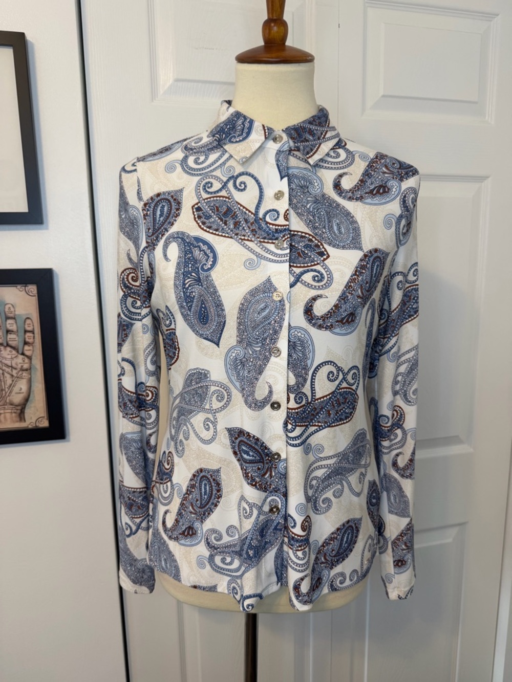 Tommy Hilfiger White Paisley Button-Up Blouse with Blue and Brown Accents